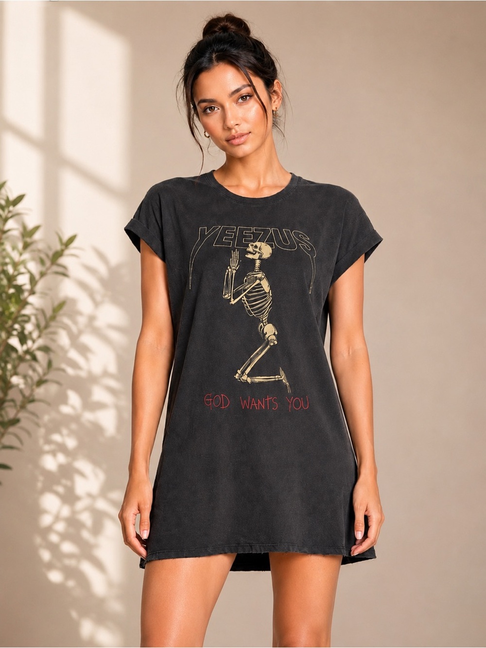 YEEZUS Graphic Skeleton Tee Dress in Charcoal